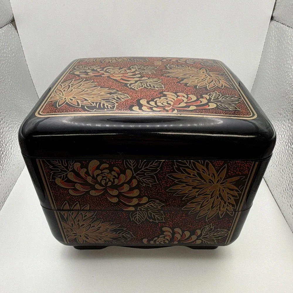 Vintage Japanese Lacquer 3 Tier Stacking Trinket Box Black Red Gold Floral